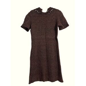 Vintage Handmade Knit Dress Short Sleeve Brown‎ Textured Collared Casual Grandma